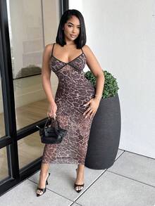 Alexandranx 全新性感豹纹网眼吊带裙，修身版型，长款 - 棕色 - 查看 1