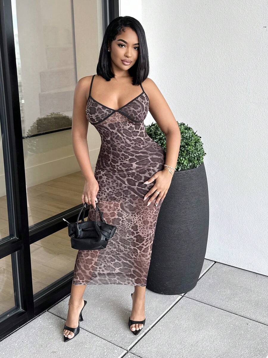 Alexandranx 全新性感豹纹网眼吊带裙，修身版型，长款 - 棕色 - 查看 1