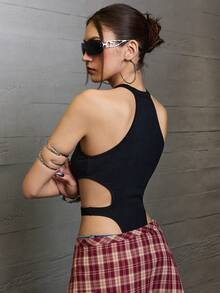 Rina Fox Body de mujer de moda sexy y casual de unicolor con escote halter y diseño calado, para el verano - Negro - Ver 5