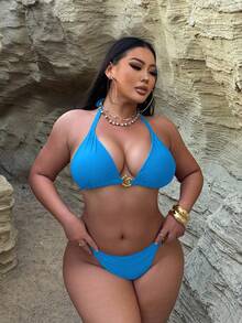 Swim SXY 大码女士露背闪亮纯色螺旋装饰吊带泳衣套装