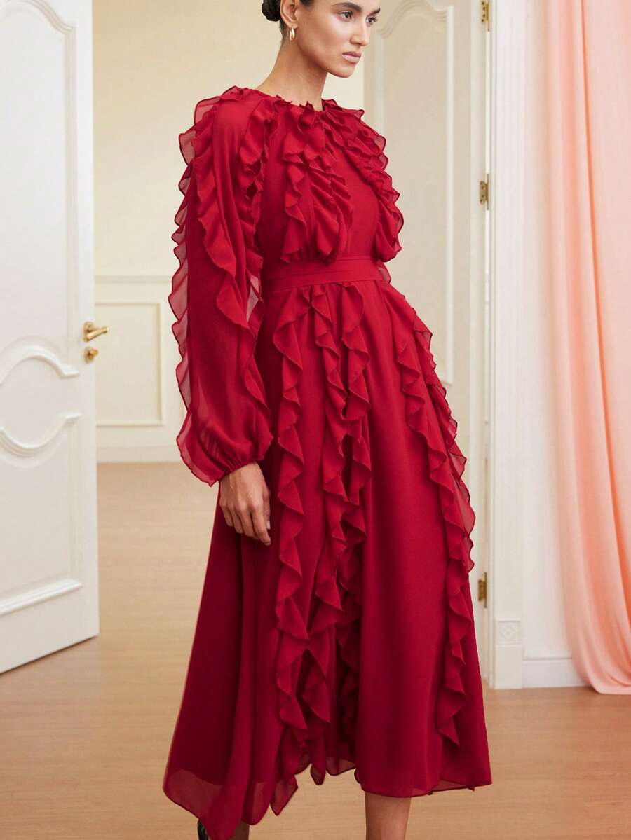 Aveloria Rosie Đầm dài tay màu đỏ trơn sang trọng kiểu châu Âu, chất liệu chiffon cao cấp, xếp lớp, cổ bèo nhún, eo thắt, dành cho nữ. - Màu Đỏ Sâu - Xem 1