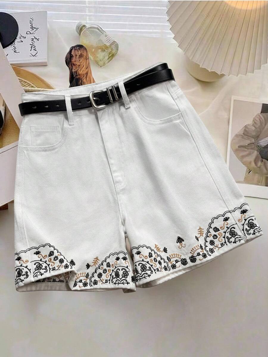 GlowEve Women's Embroidered Pocket Loose Casual Versatile Denim Shorts - White - View 1