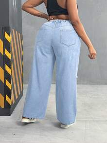 SHEIN CURVE+ 大码女式无弹力做旧水洗宽松直筒工装牛仔裤，浅蓝色 - 淺色水洗藍 - 查看 2