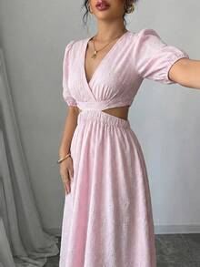 Elenzga 女士粉色花卉提花纹理V领腰部系带露背开衩连衣裙，修身显瘦的A字裙摆设计，适合生日、约会、派对、情人节、五一劳动节、复活节、正式场合、花园、旅行、休闲街头风、春夏穿着。 - 粉色 - 查看 3