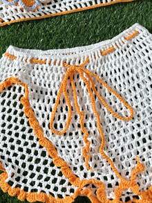 Swim Vcay Bộ 2 món gồm váy và áo khoác ngoài móc len thủ công họa tiết hoa, dây mảnh, hở lưng, thích hợp mặc đi biển và nghỉ dưỡng, mùa xuân/hè. - Nhiều màu - Xem 4