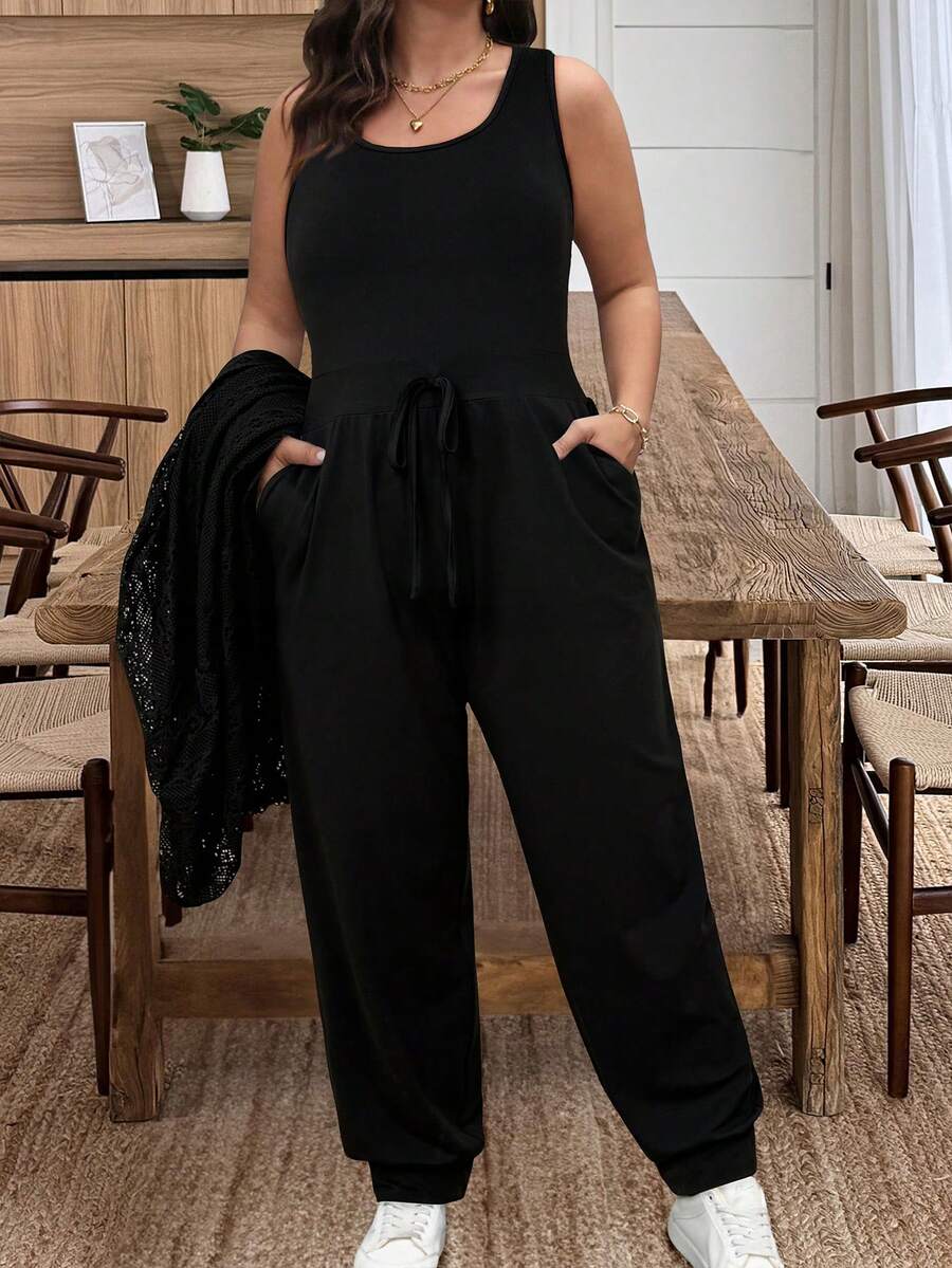 Vionelle 大码女式法式休闲优雅长袖外套和无袖连体裤两件套 - 黑色 - 查看 1