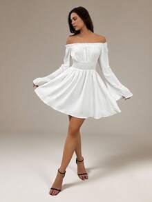 SHEIN Tall 女士纯色简约露肩迷你连衣裙，休闲日常穿着 - 白色 - 查看 1