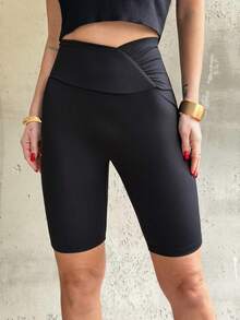 Firerie Leggings de uso casual y elegante para la oficina para mujeres, leggings cortos con diseño de pliegues en la cintura, ajuste delgado, de moda y versátiles, nuevos leggings para primavera/verano, adecuados para vacaciones y actividades al aire libre - Negro - Ver 2