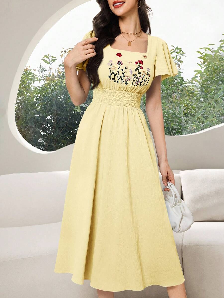 Modelyn 女士方领短袖荷叶边收腰修身连衣裙 - 黃色 - 查看 1