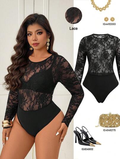 Femmeverse Plus Size Women Sexy Bodysuit, Round Neck, Lace Patchwork Solid Color For Wedding,Party,Valentine's Day