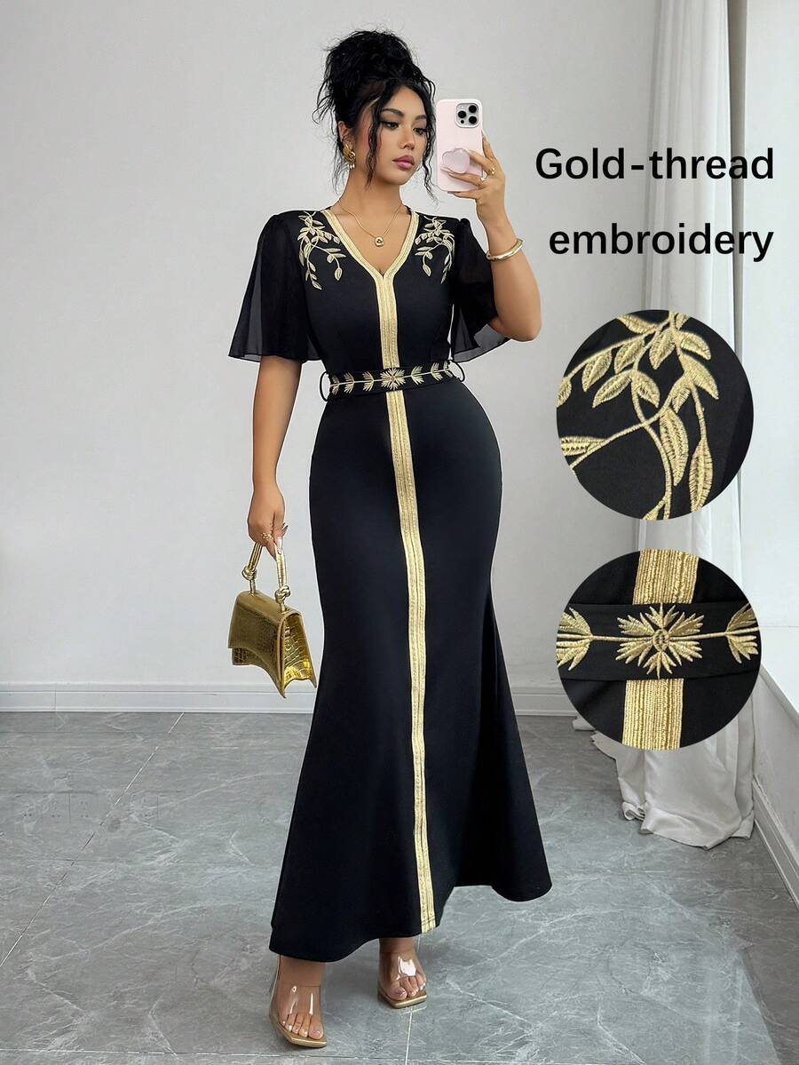 Selianne Elegant Vacation Embroidered Chiffon Ruffle Sleeve Fishtail Hem Dress For Women - Black - View 1