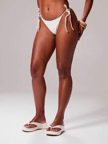 Musera Resort Satin Rope Tie Bikini Bottoms Only Ibiza Sexy Vacation Holiday Spring Summer Festival Rave Beachwear Swim Tequila Sunrise Solid Colour - Cream - View 2