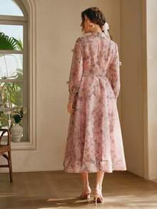 Anewsta Romantic Floral Print Decor Stand Collar Long Sleeve Dress With Belt, Suitable For Valentine's Day & Vacation - Multicolor - View 3
