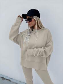 Plus Size Casual Loose Solid Color Long Sleeve Top And Skinny Pants 2 Pieces Set F1 Cargo - Apricot - View 6