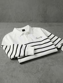 SUMWON Long Sleeve Striped Polo Shirt With Collared Neckline Regular Fit Casual Horizontal Stripe Pattern - White - View 3