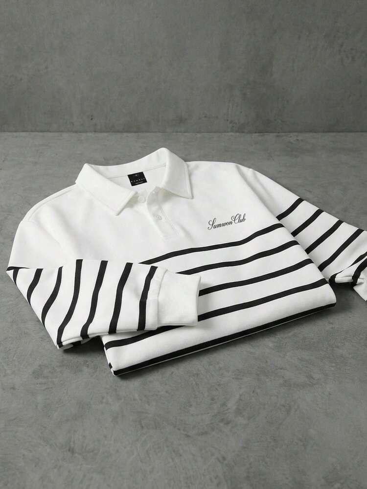 SUMWON Long Sleeve Striped Polo Shirt With Collared Neckline Regular Fit Casual Horizontal Stripe Pattern - White - View 3