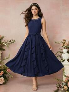 Teen Girl Faux Pearl Detail Belted Ruffle Hem Sleeveless Dress - Navy Blue - View 10