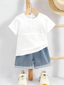 Bubblio 2件套男婴可爱卡通印花针织短袖T恤和弹力腰蓝色牛仔短裤套装，夏季 - 彩色 - 查看 8