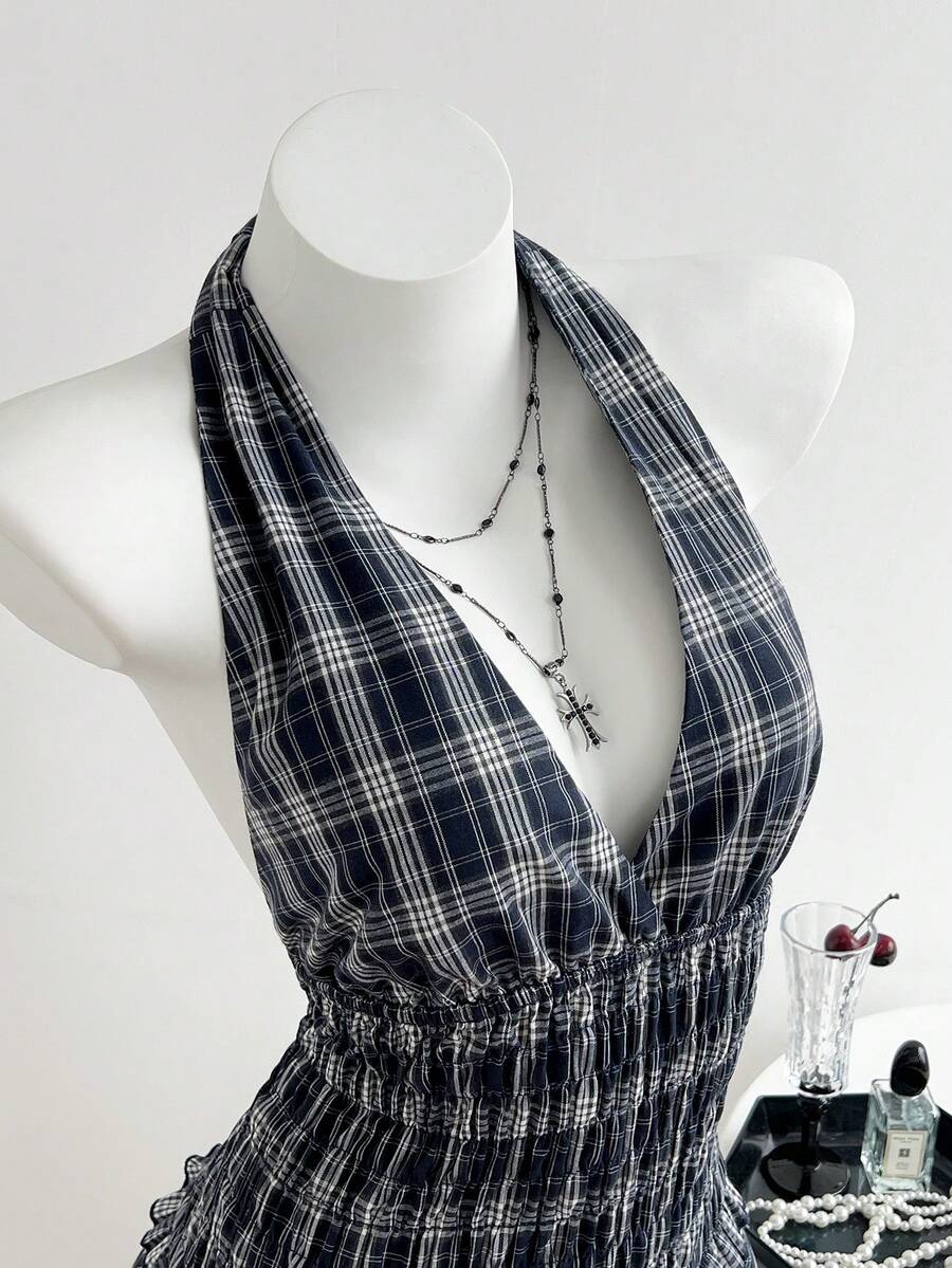 Elamini Women's Plaid Halter Casual Dress - Navy Blue - View 1