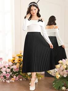 SHEIN Tween Girls' Elegant Black Solid Pleated Skirt, Versatile Graceful Skirt, Academic Style Pleated Skirt - Black - View 1