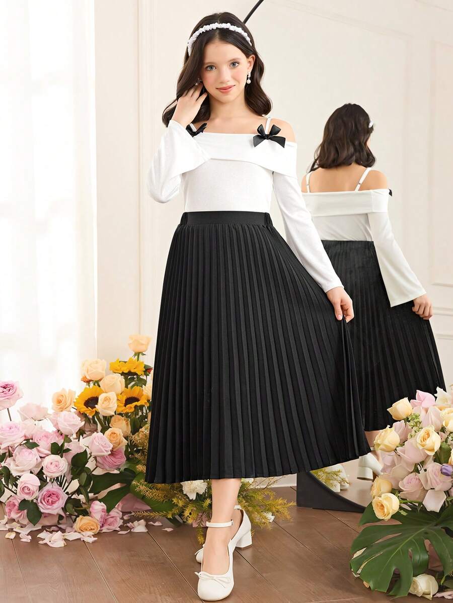 SHEIN Tween Girls' Elegant Black Solid Pleated Skirt, Versatile Graceful Skirt, Academic Style Pleated Skirt - Black - View 1