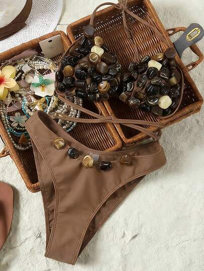 Swim Vcay New Women's Rhinestone Decor Halter Neck Bikini Swimsuit