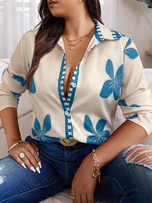 EMERY ROSE Plus Size Front Button Floral Print Casual Long Sleeve Shirt - Multicolor - View 1