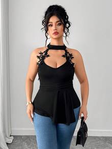 Elenzga Áo kiểu dáng thanh lịch dành cho nữ cỡ lớn, cổ chữ V, vạt bất đối xứng, không tay, đính ren, thích hợp cho mùa hè. - màu đen - Xem 4