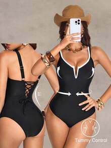 Shapewave 2026  Spring/Summer Vacation Tummy Control Black & White Double Strap V-Neck One-Piece Swimsuit, Elegant & Sophisticated, Spring/Summer Resort,New Women's Swimwear ArrivalFor School,Suitable For Holiday, Date, Afternoon Tea, Western, Cruise, Beach, Island, Road Trip, All Seasons, Music Festival, Boho Vacation,Bohemian Vacation, Chill Autumn ,Western Boho ,Elegant Tops For Women Black Bathing Suit Women One Piece Bathing Suit Swimsuit For Women Bathing Suit Full Coverage One Piece Bathing Suit Cut Out Tummy Control Swimsuit - Black - View 7