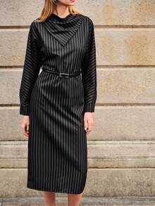 Lumivelle 女士条纹西装连衣裙，高端藏蓝色细条纹长袖收腰修身中长款连衣裙，适合办公室通勤，可拆卸腰带设计，百搭优雅造型（含腰带） - 黑色 - 查看 4