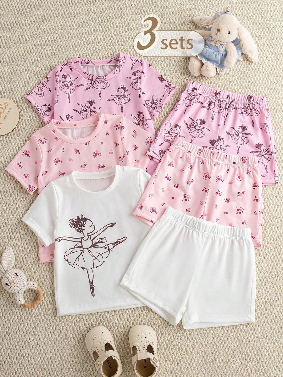 Souflis Souflis 6件套新生女婴可爱碎花圆领短袖上衣和短裤套装，优雅春夏款 - 彩色 - 查看 1