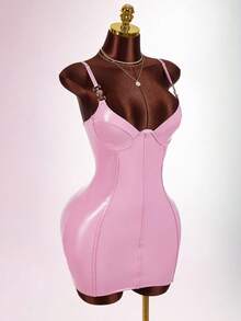 Amplova Váy ngủ latex màu hồng cho nữ, váy bó sát kiểu áo ngực gợi cảm với dây đai eo bo xương - Hồng - Xem 5