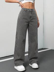 SHEIN Teen Girl Fashion Casual Based Denim Baggy Jeans Soft Dailywear Summer And Spring Rave Festival And Beach Wide Leg Jeans Fall Winter - Grey - View 3