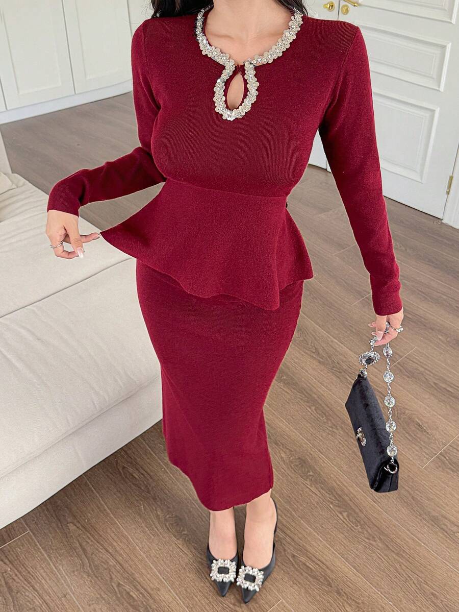 DAZY 优雅女士高端精致优雅套装：长袖荷叶边衬衫和铅笔裙两件套 - 酒紅色 - 查看 1