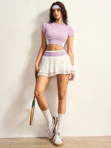 VARSIVA Purple Tennis Set, Purple Tennis Set Purple And White Color-Blocked Short-Sleeved T-Shirt And Mini Tennis Skirt, Suitable For Sports, Tennis, Cricket, Yoga, Everyday Wear, And Vacations, And Is Suitable For Spring, Summer, Fall And Winter. - Multicolor - View 9