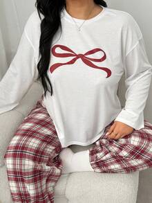 Auralis Women's Casual Daily Homewear Valentine's Day Vintage Solid Color Round Neck Long Sleeve Bow Print & Red Plaid Belted Ankle Pants 2-Piece Set/Plus Size Casual Homewear Set/Back To School Set/ Valentine's Day /Valentine Outfits For Women Loungewear Women Sleep Wear Women Lounge Wear Pajama Sets For Women Comfy Sets Women Comfy Lounge Wear Women's Lounge Wear Women's Pajama Set Long Sleeve Top Plaid Pajama Pants - Multicolor - View 6