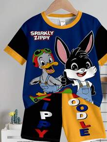 SHEIN 男童休闲T恤短裤套装（2件套），经典可爱动物印花，鸭子和兔子卡通动物图案