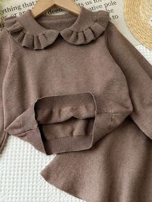 SHEIN 女婴休闲舒适翻领荷叶边毛衣半裙套装 - 棕色 - 查看 3
