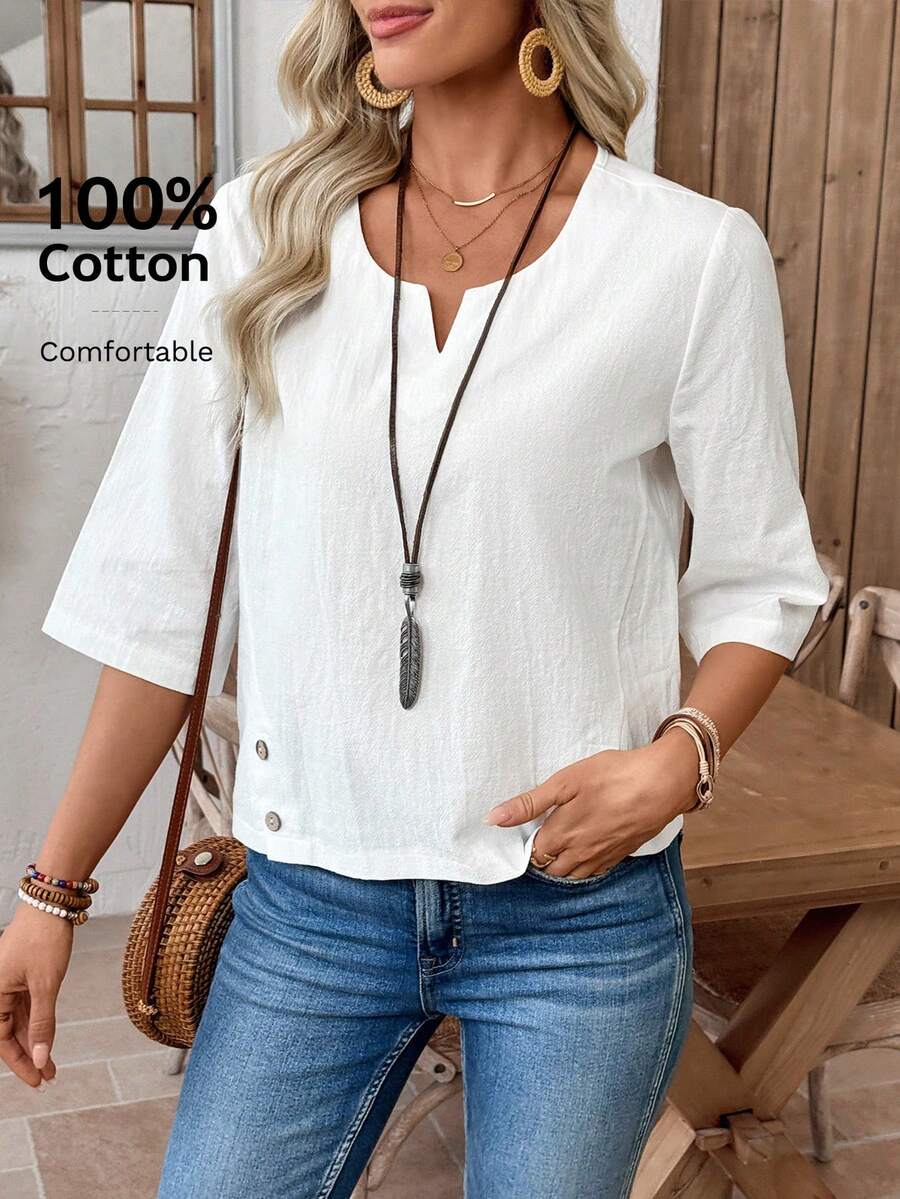 EMERY ROSE Blusa casual de unicolor para vacaciones - Blanco - Ver 1