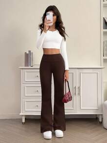 SHEIN Tall 女士高腰显瘦纯黑色休闲裤，适合夏秋季节穿着，高级加长款 - 咖啡棕 - 查看 7