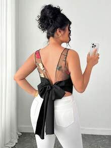 SHEIN Elenzya Áo kiểu nữ cỡ lớn thanh lịch, thường ngày, phối lưới, hở lưng, dây buộc, không tay, cổ chữ V sâu, thích hợp đi làm. - Nhiều màu - Xem 1