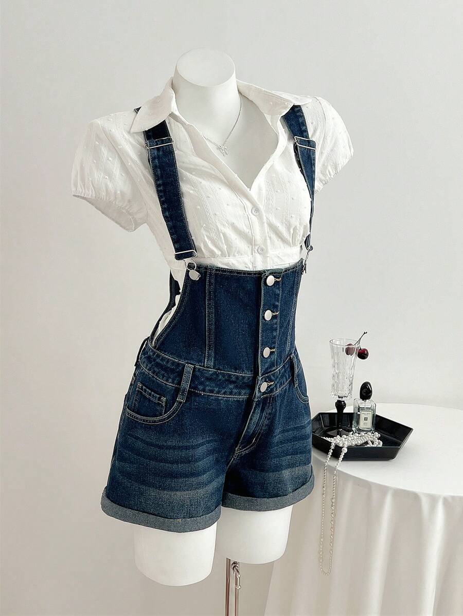 Elamini Y2K Fashion Casual Retro Button Cuff Denim Bib Shorts - Medium Wash - View 1
