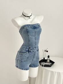 Elamini Y2K Denim Strapless Elastic Romper - Light Wash - View 3