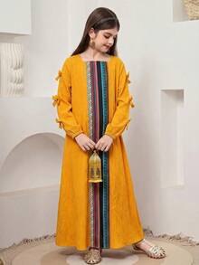 SHEIN Đầm maxi dài tay dáng chữ A rộng rãi, màu trơn, phối sọc, cổ vuông, trang trí nơ, dành cho bé gái tuổi teen, thích hợp cho du lịch, nghỉ dưỡng, phong cách đồng quê, nghỉ mát thường ngày, phong cách bohemian, hoặc phối đồ đôi cho chị em gái. - Nhiều màu - Xem 4