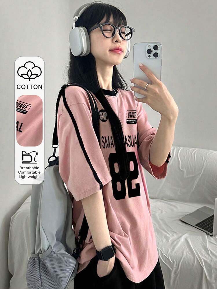 Women's Colorblock Short Sleeve Loose Letter Print T-Shirt, Spring/Summer