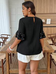 SHEIN LUNE Plus Size Women's Round Neck Ruffle Sleeve Beaded Casual Blouse, Spring/Summer - Black - View 2