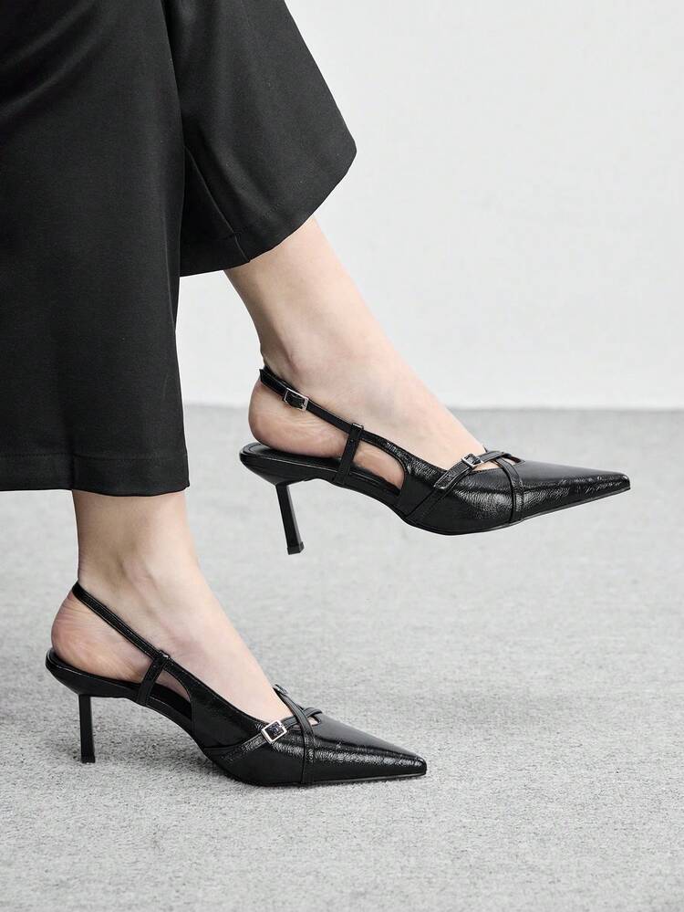 CUCCOO BIZCHIC Chaussures à talons aiguilles avec boucle en métal noire, talons hauts slingback  extrêmement simples de style européen et américain, chaussures de mode de niche, chaussures de travail de blogueuse, chaussures à bout fermé de style sombre haut de gamme, chaussures à bout pointu avec décoration métallique de luxe légère, talons hauts noirs rétro français pour la Saint-Valentin