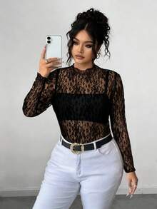 EMERY ROSE Plus Size Women Sexy Layered Lace Blouse - Black - View 3