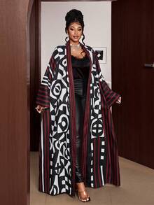 Maweii 大码女式条纹几何印花宽松睡袍复古休闲撞色外套