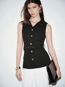 Lumivelle Chaleco sin mangas con cuello negro, con botones decorativos cuadrados, elegante y de moda a la francesa para el trabajo y uso casual, primavera/verano - Negro - Ver 5